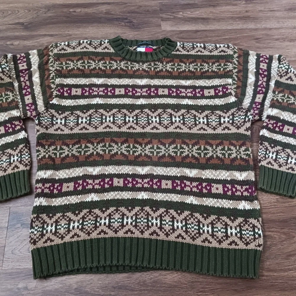 Tommy Hilfiger Vintage Fair Isle Knit Sweater Mens XL Cotton Crewneck
